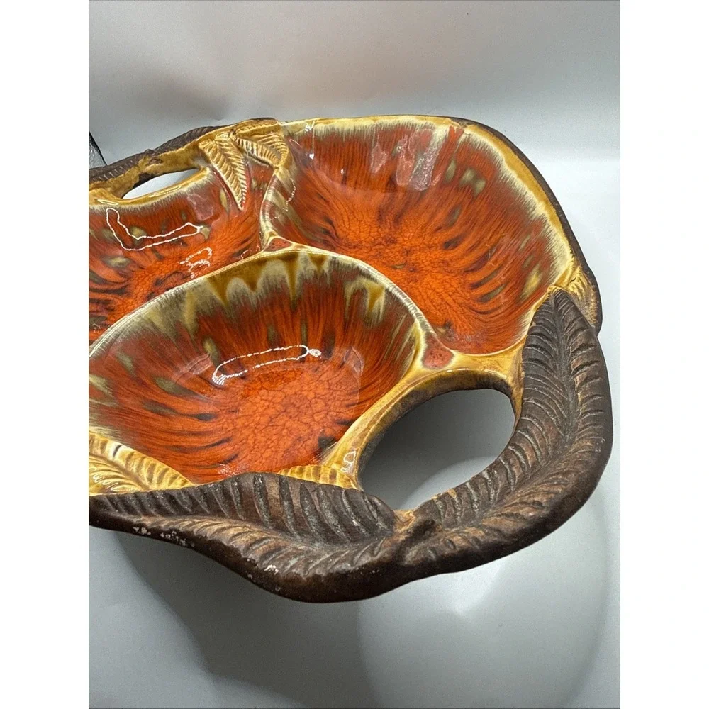 Vintage MCM Glazed‎ Divided Pottery Platter Chip Dip Orange & Brown Centerpiece